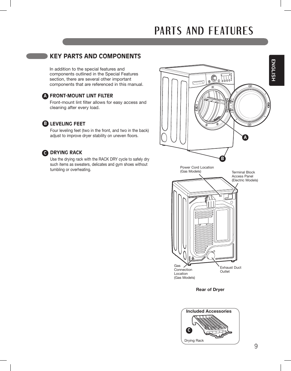 Key parts and components, English | LG DLEX3360R User Manual | Page 9 / 148