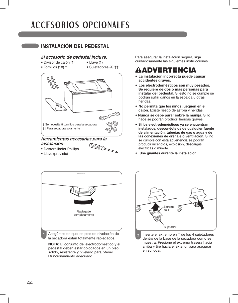 Wadvertencia, Instalación del pedestal | LG DLEX3360R User Manual | Page 92 / 148