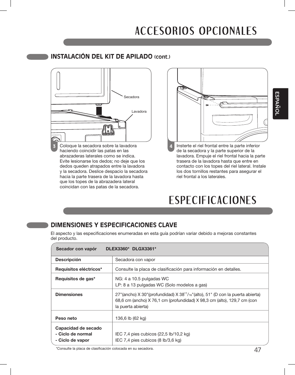 47 instalación del kit de apilado, Dimensiones y especificaciones clave | LG DLEX3360R User Manual | Page 95 / 148