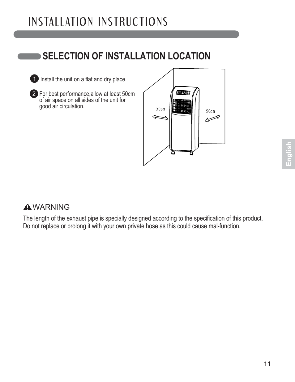 Selection of installation location | LG LP0711WNR User Manual | Page 11 / 48