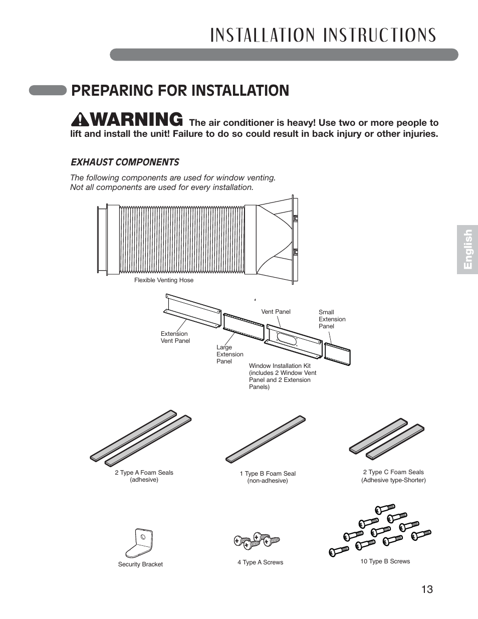 Warning, Preparing for installation, 13 english | LG LP0711WNR User Manual | Page 13 / 48