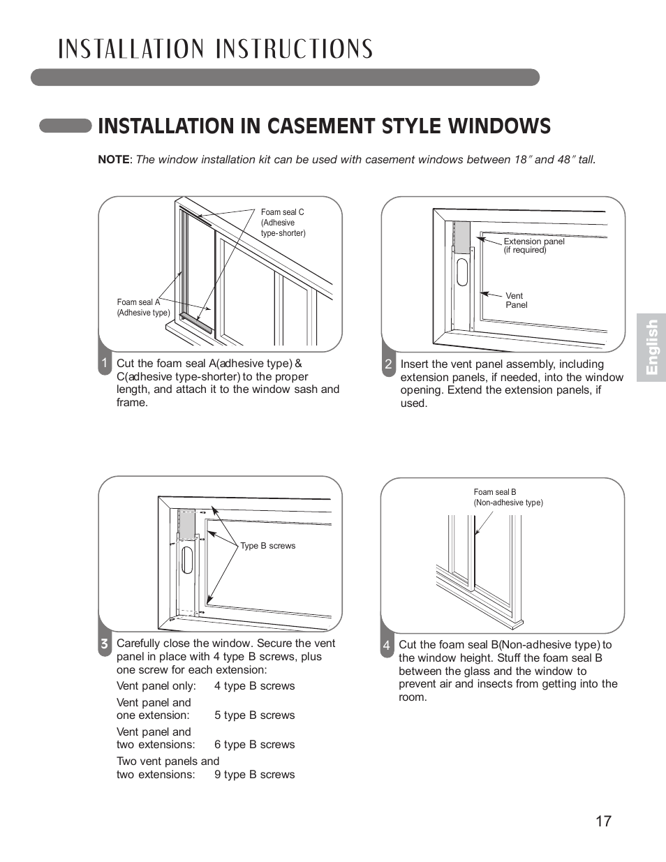 Installation in casement style windows, 17 english | LG LP0711WNR User Manual | Page 17 / 48