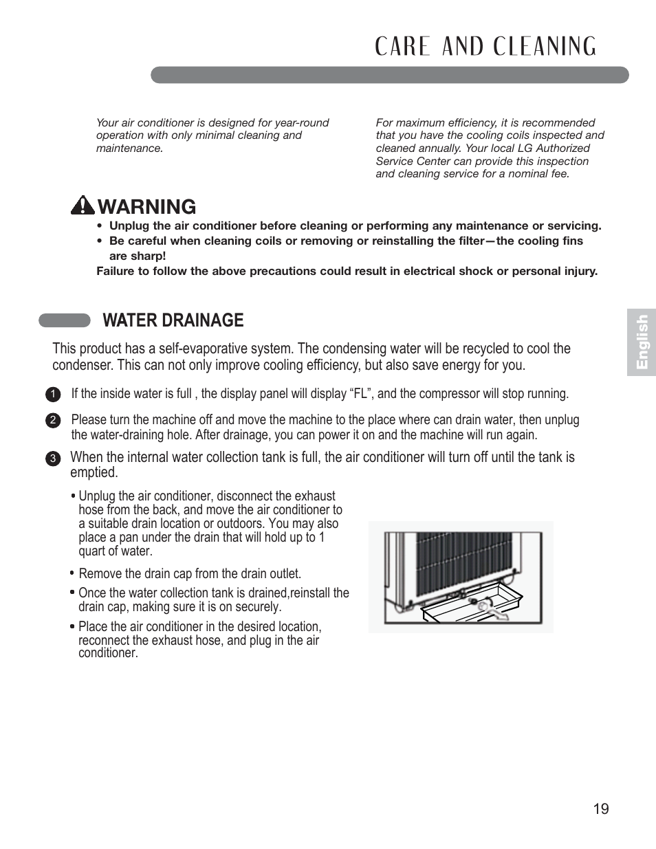 Warning, Water drainage a | LG LP0711WNR User Manual | Page 19 / 48