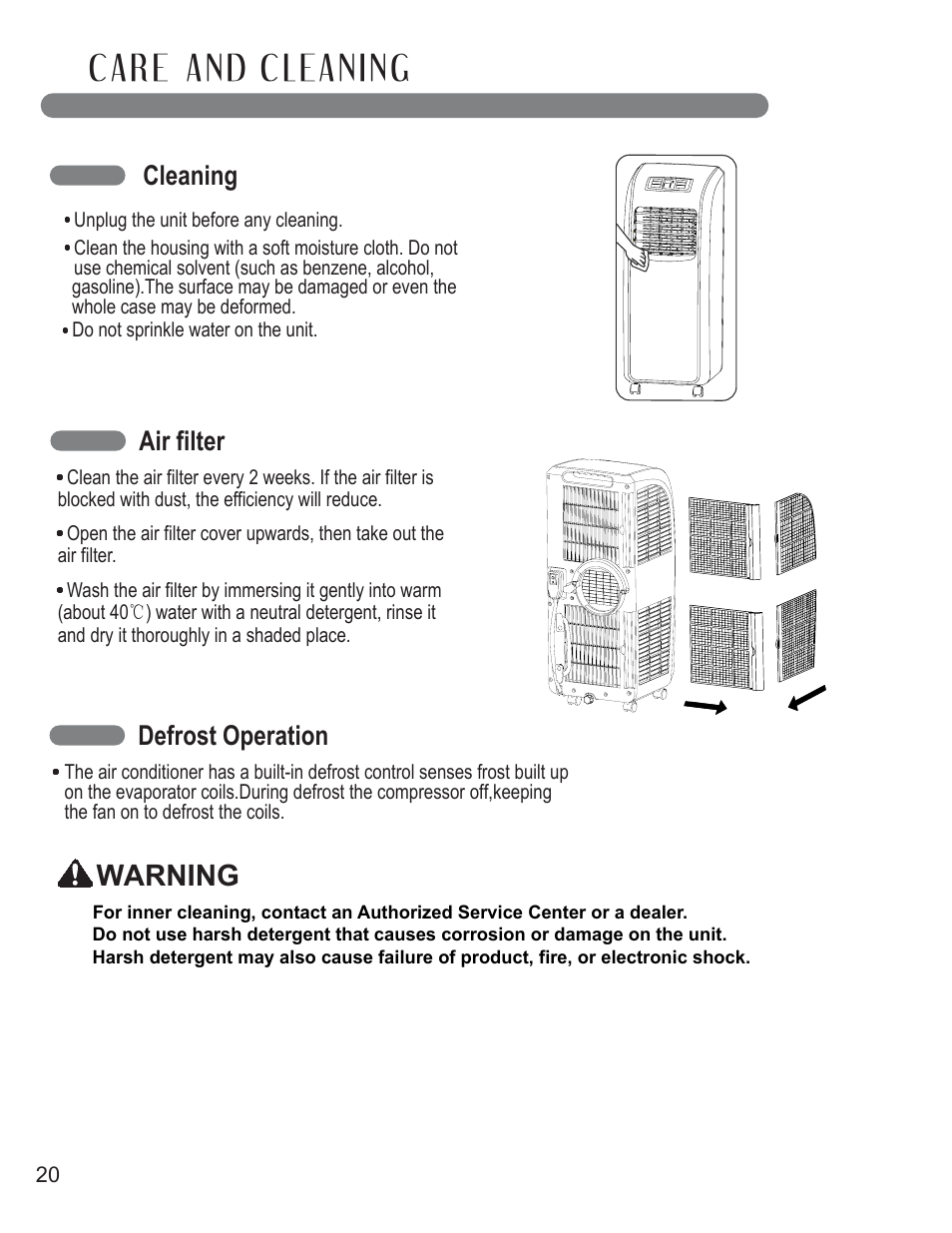 Warning, Air filter, Cleaning | Defrost operation | LG LP0711WNR User Manual | Page 20 / 48