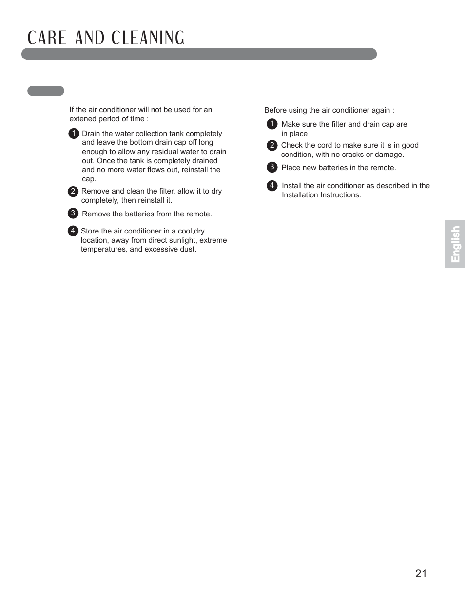 Storing the air conditioner, 21 hh, En g li s h | LG LP0711WNR User Manual | Page 21 / 48