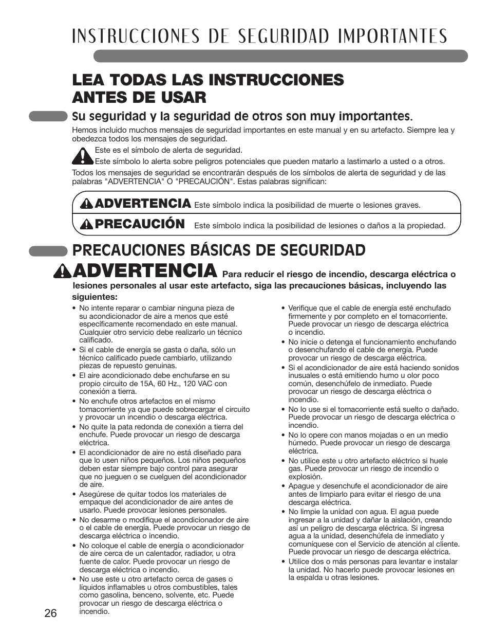 Lea todas las instrucciones antes de usar, Precauciones básicas de seguridad, Advertencia | Precaución | LG LP0711WNR User Manual | Page 26 / 48