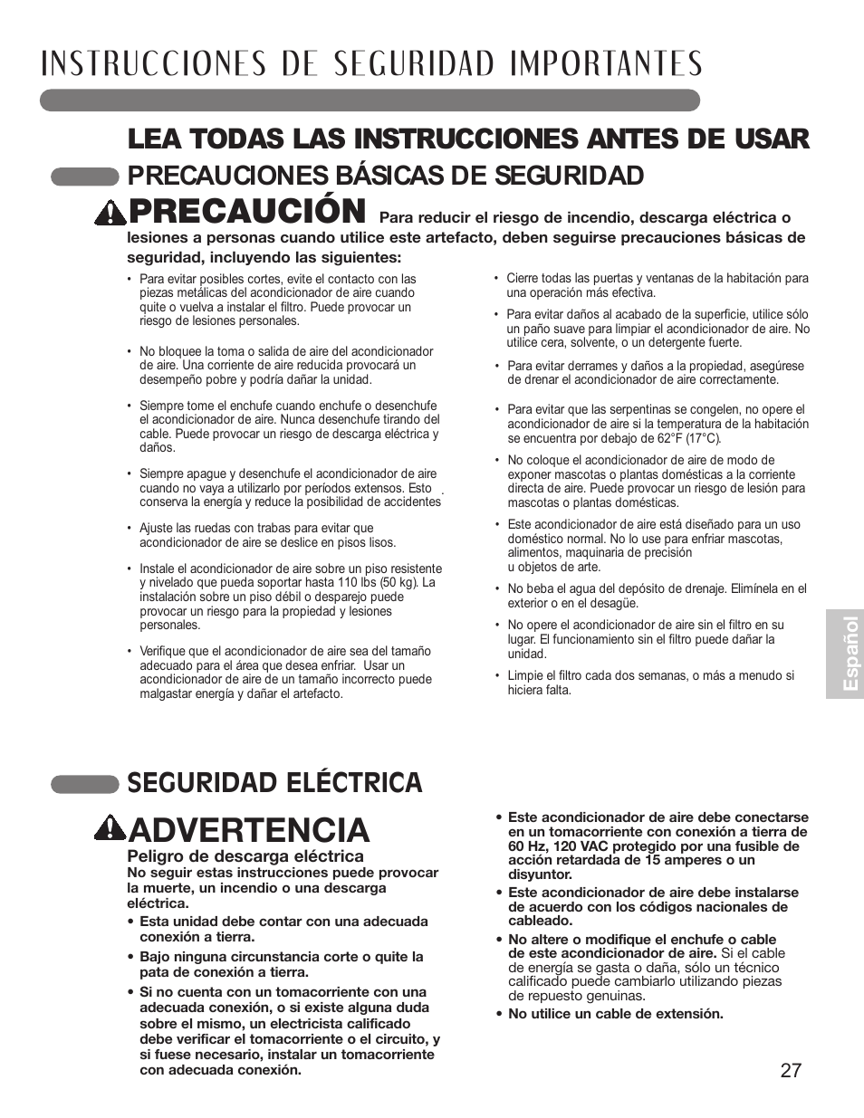 Precaución, Advertencia, Lea todas las instrucciones antes de usar | Precauciones básicas de seguridad, Seguridad eléctrica, 27 español | LG LP0711WNR User Manual | Page 27 / 48