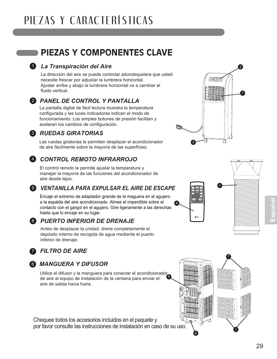 Piezas y componentes clave, Español, Ruedas giratorias control remoto infrarrojo | La transpiración del aire manguera y difusor, Panel de control y pantalla, Puerto inferior de drenaje, Filtro de aire | LG LP0711WNR User Manual | Page 29 / 48