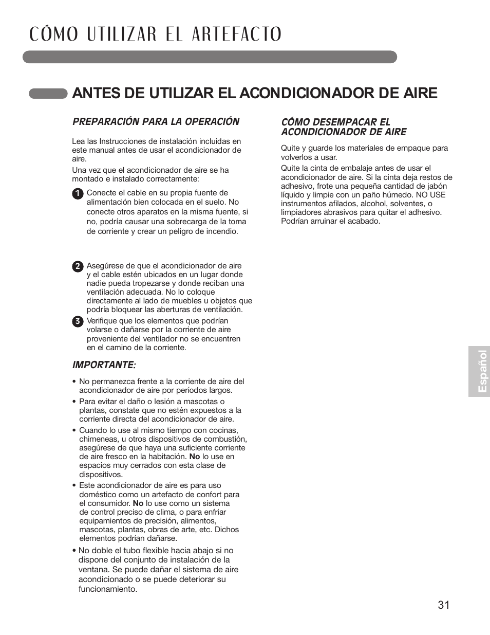 Antes de utilizar el acondicionador de aire, 31 español | LG LP0711WNR User Manual | Page 31 / 48