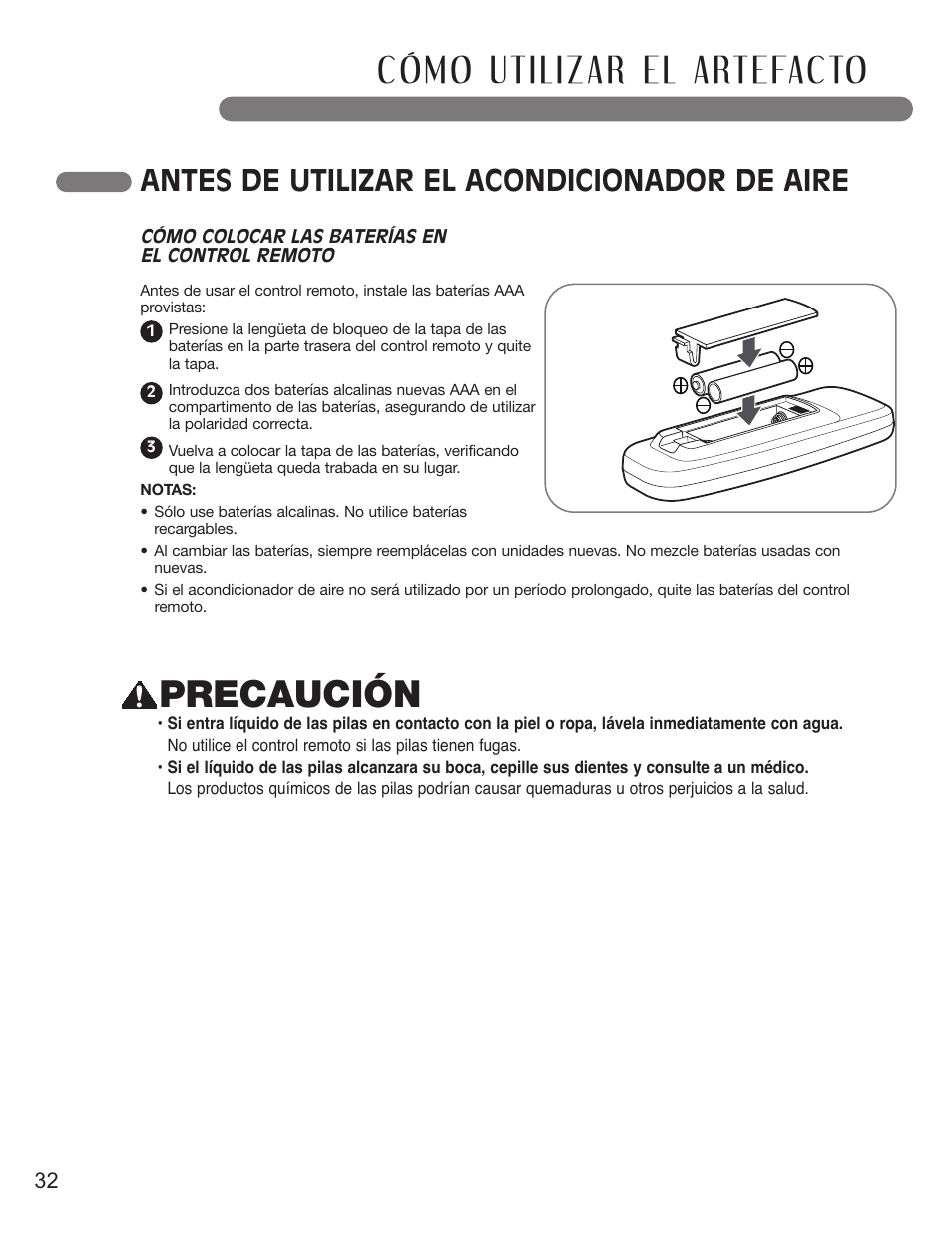 Precaución, Antes de utilizar el acondicionador de aire | LG LP0711WNR User Manual | Page 32 / 48