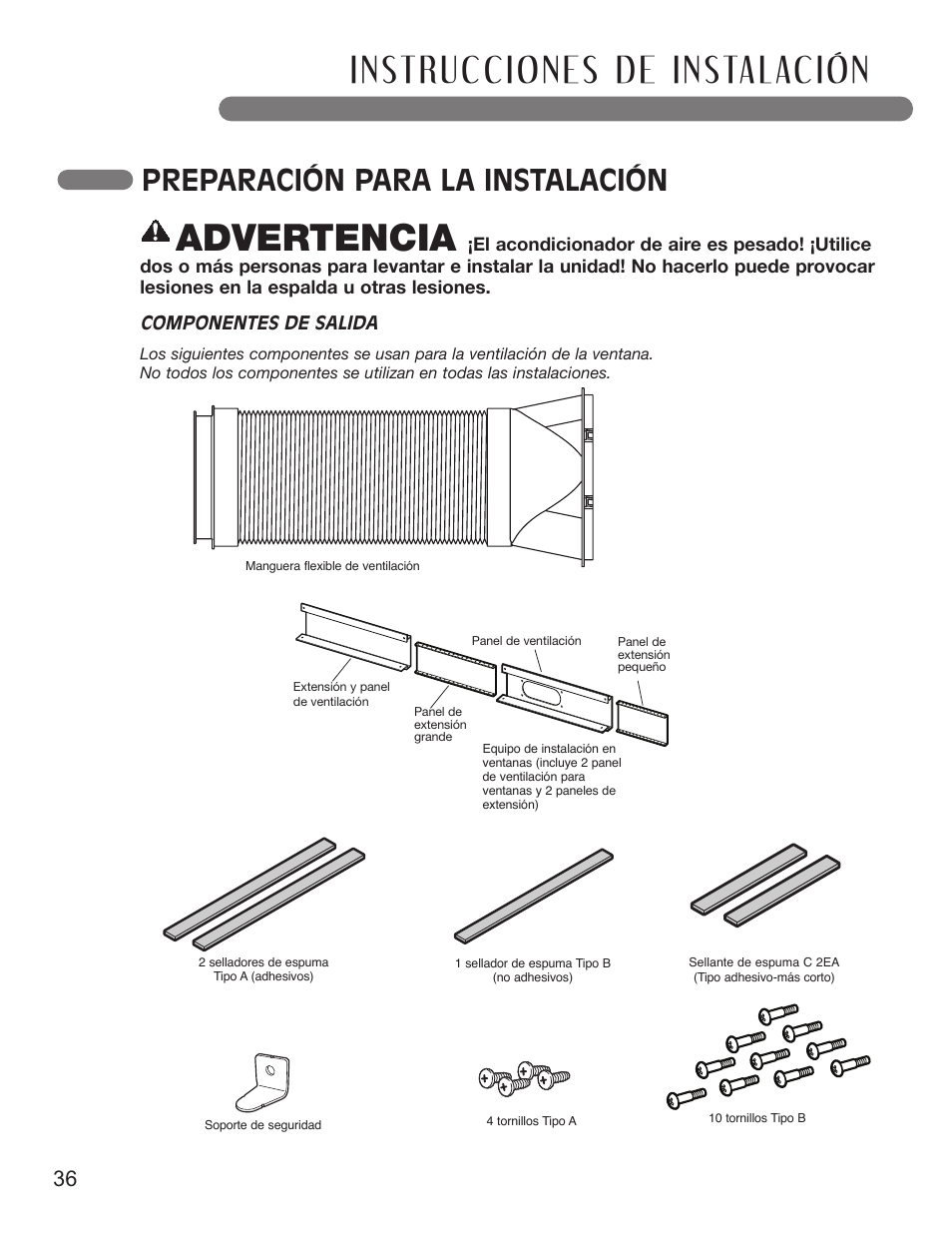 Advertencia, Preparación para la instalación, 36 español | LG LP0711WNR User Manual | Page 36 / 48