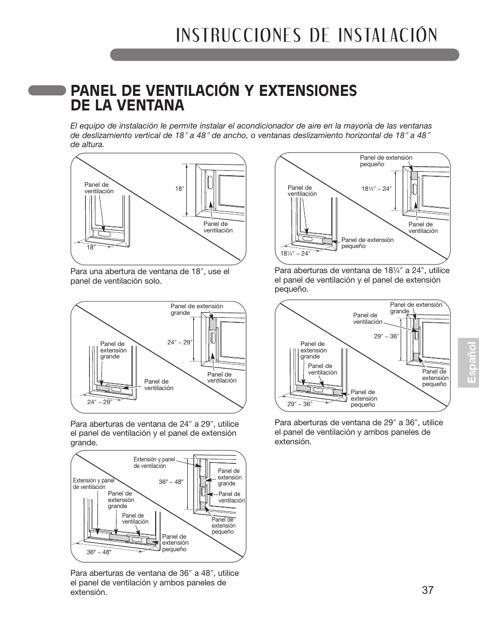 Panel de ventilación y extensiones de la ventana, 37 español | LG LP0711WNR User Manual | Page 37 / 48