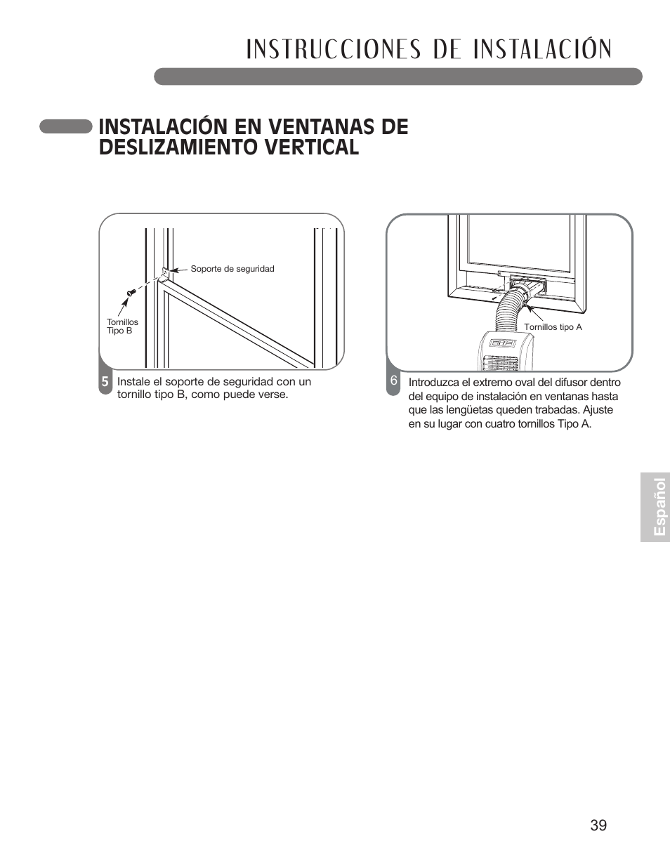 Instalación en ventanas de deslizamiento vertical | LG LP0711WNR User Manual | Page 39 / 48