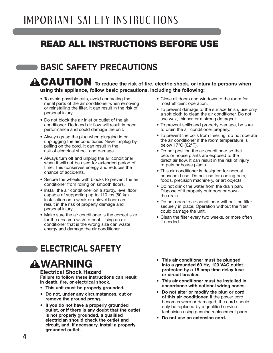 Caution, Warning, Read all instructions before use | Basic safety precautions, Electrical safety | LG LP0711WNR User Manual | Page 4 / 48