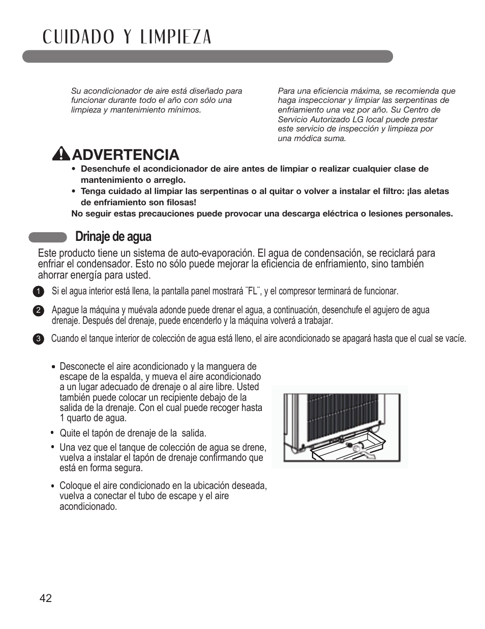 Advertencia, Drinaje de agua | LG LP0711WNR User Manual | Page 42 / 48