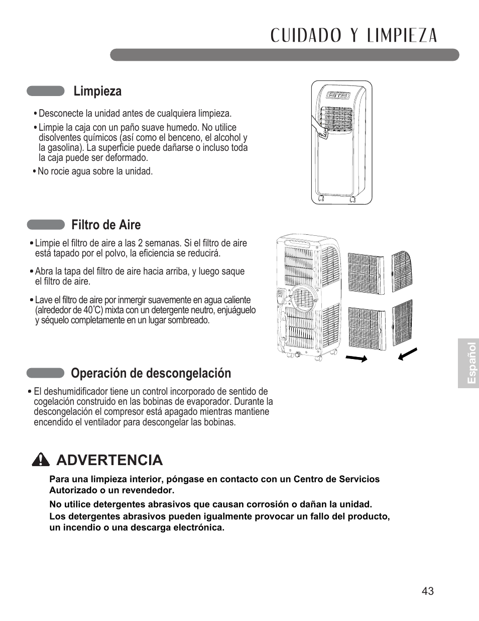 Advertencia, Filtro de aire, Operación de descongelación | Limpieza | LG LP0711WNR User Manual | Page 43 / 48