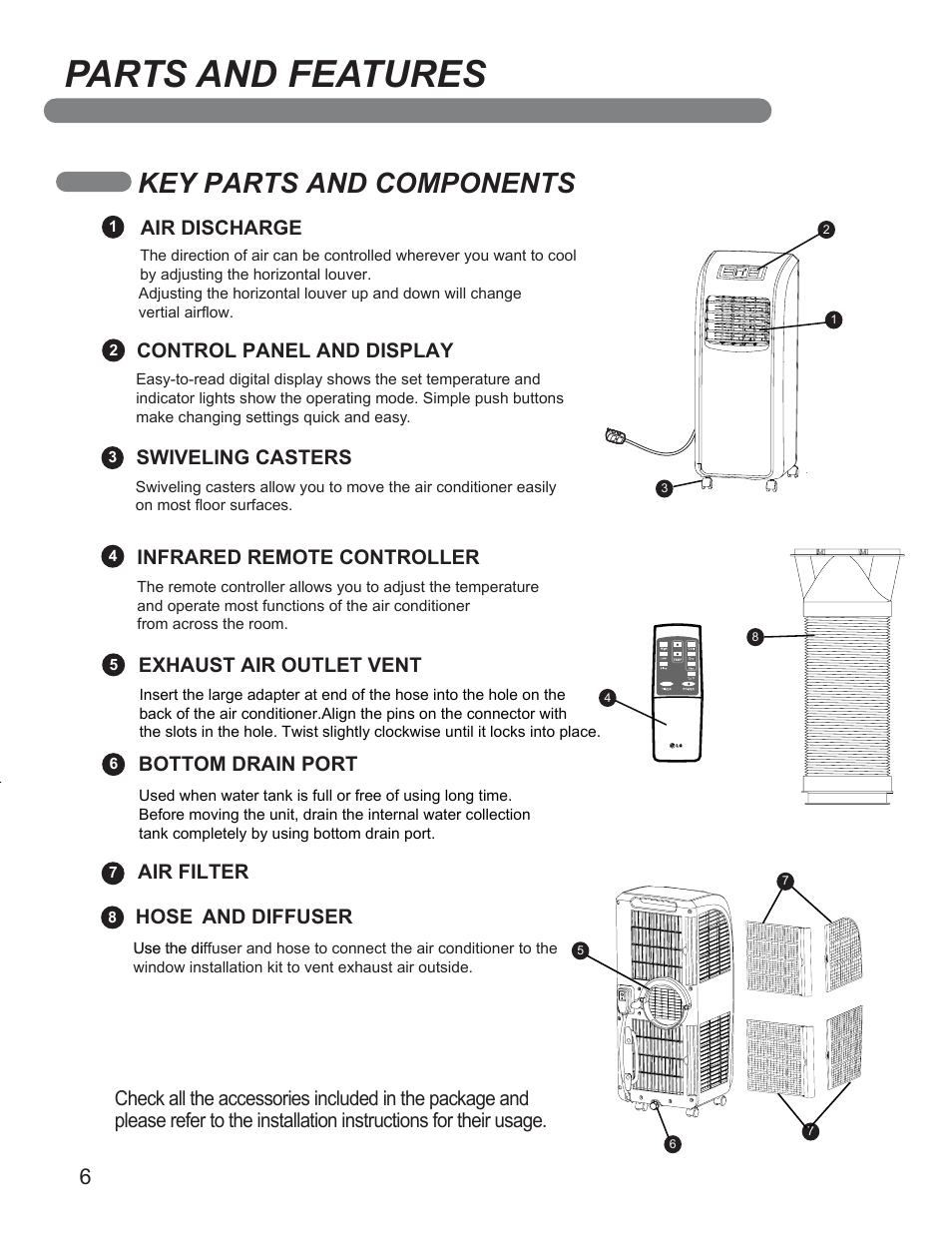 Parts and features, Key parts and components, Swiveling casters infrared remote controller | Air discharge hose, And diffuser, Control panel and display, Bottom drain port, Air filter | LG LP0711WNR User Manual | Page 6 / 48