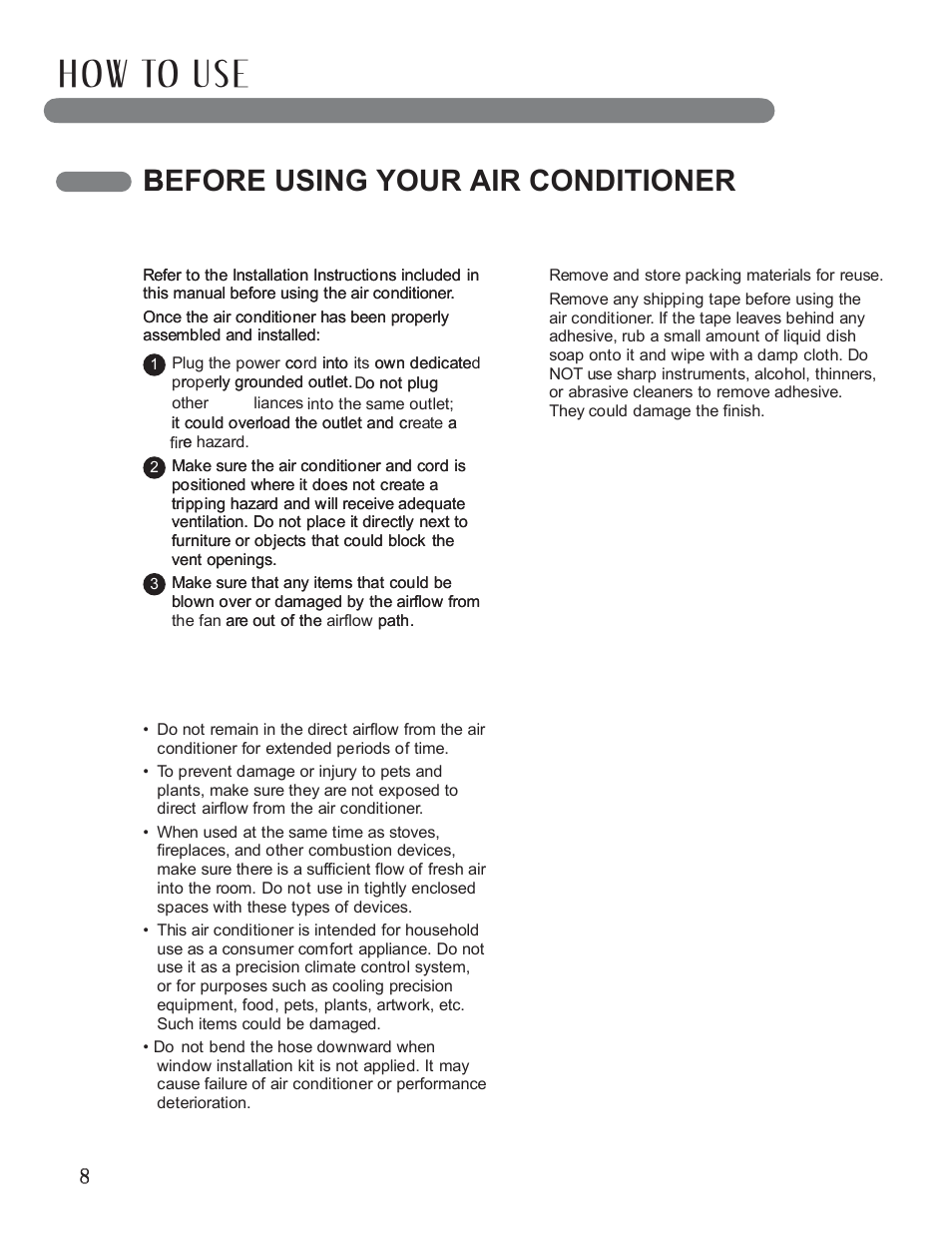 H ow to u s e, Before using your air conditioner | LG LP0711WNR User Manual | Page 8 / 48