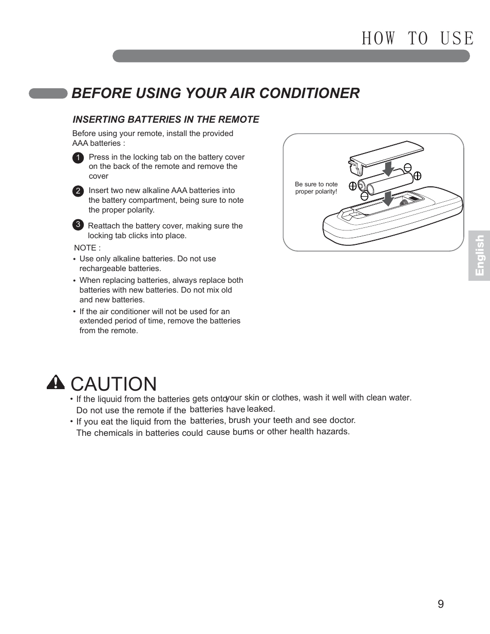 Caution, H o w to u s e, Before using your air conditioner | 9english | LG LP0711WNR User Manual | Page 9 / 48