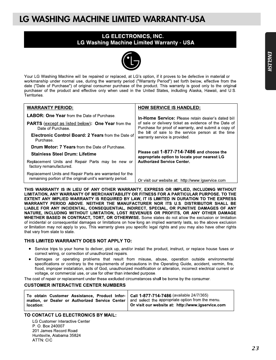 Lg washing machine limited warranty-usa | LG WM0532HW User Manual | Page 23 / 48