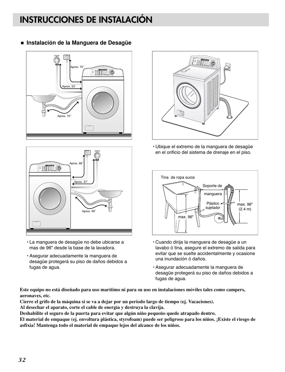 Instrucciones de instalación, Instalación de la manguera de desagüe | LG WM0532HW User Manual | Page 32 / 48