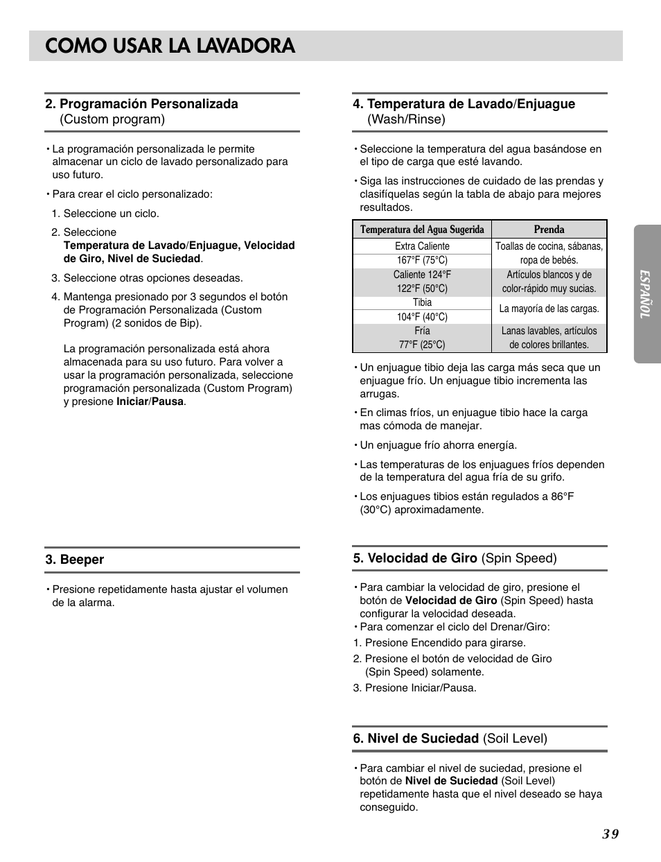 Como usar la lavadora | LG WM0532HW User Manual | Page 39 / 48