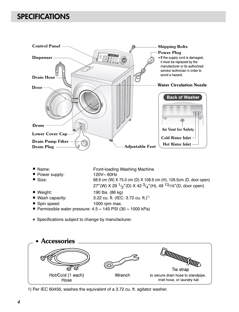 Specifications, Accessories | LG WM0532HW User Manual | Page 4 / 48
