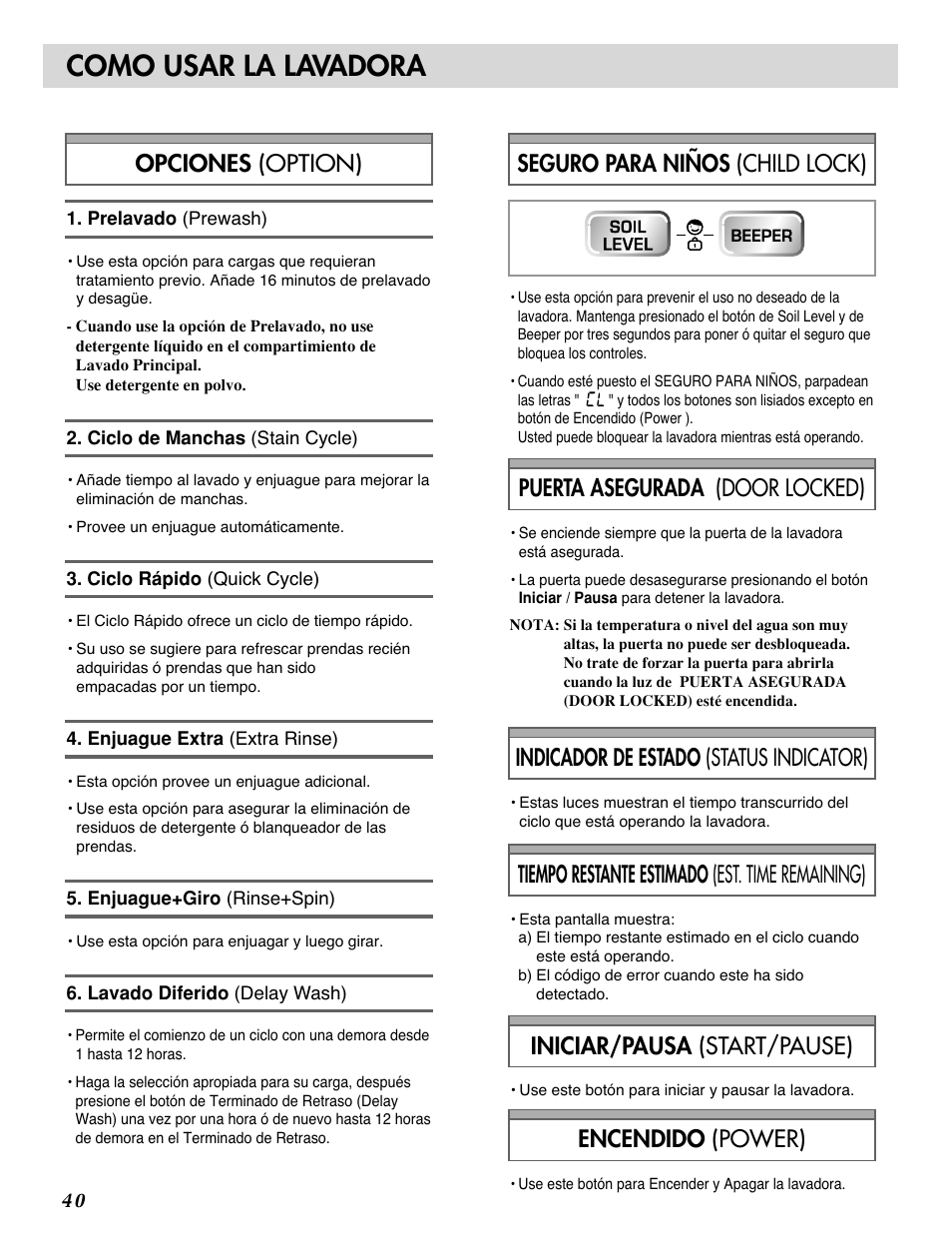 Como usar la lavadora, Indicador de estado (status indicator), Tiempo restante estimado (est. time remaining) | Iniciar/pausa (start/pause), Encendido (power) | LG WM0532HW User Manual | Page 40 / 48