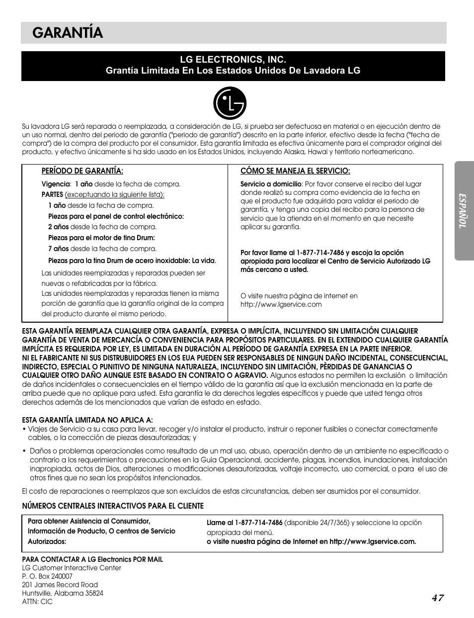 Garantía | LG WM0532HW User Manual | Page 47 / 48