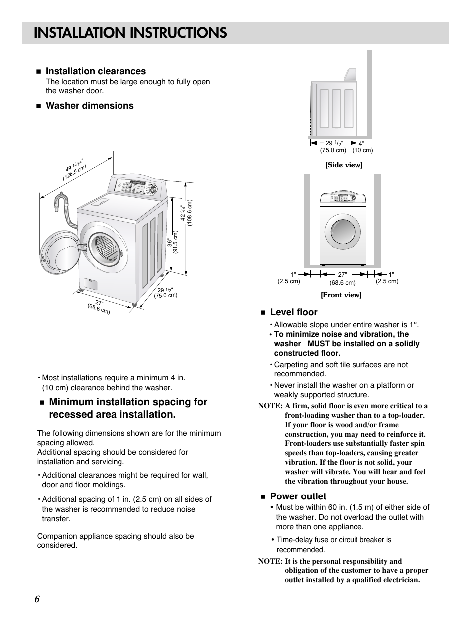 Installation instructions, Installation clearances, Washer dimensions | Level floor, Power outlet | LG WM0532HW User Manual | Page 6 / 48