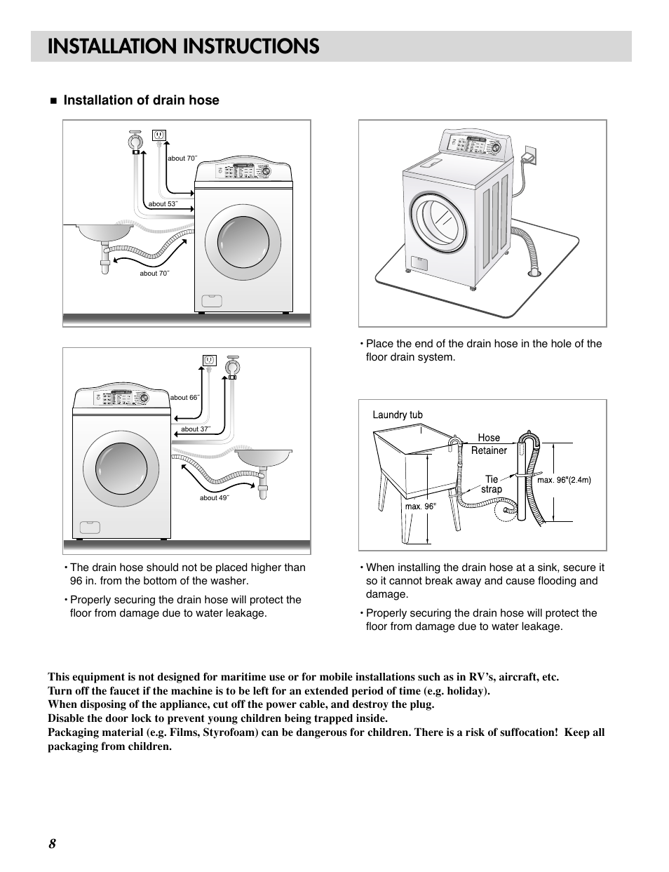Installation instructions, Installation of drain hose | LG WM0532HW User Manual | Page 8 / 48