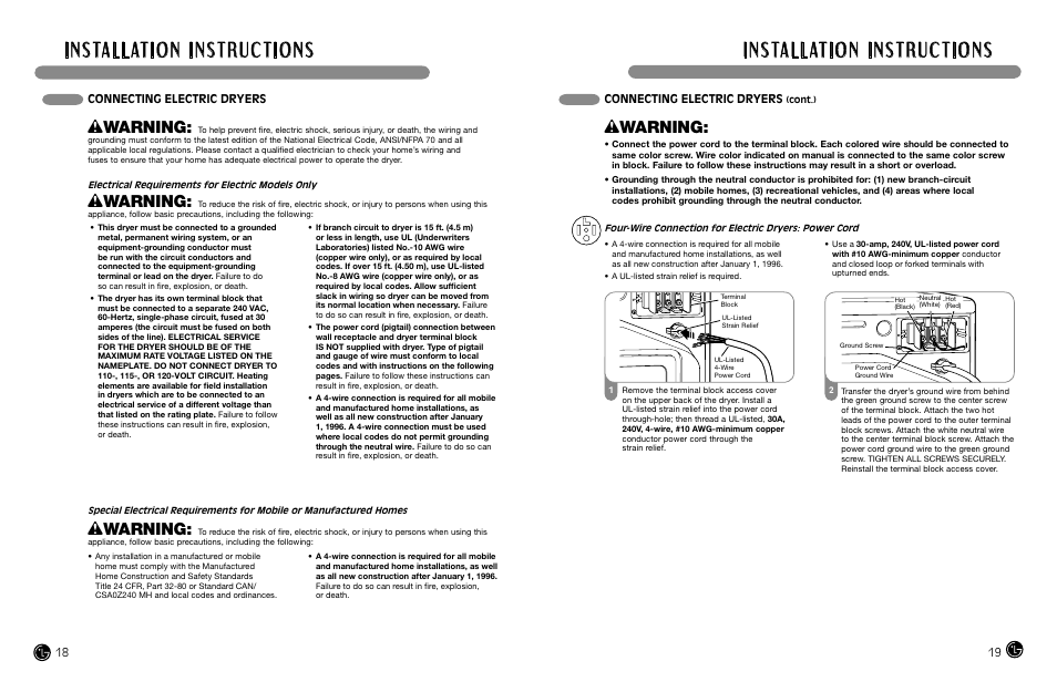 Wwarning, Connecting electric dryers | LG DLGX8388WM User Manual | Page 10 / 45
