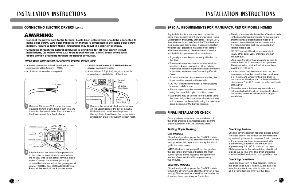 Wwarning, Final installation check, Connecting electric dryers | LG DLGX8388WM User Manual | Page 12 / 45