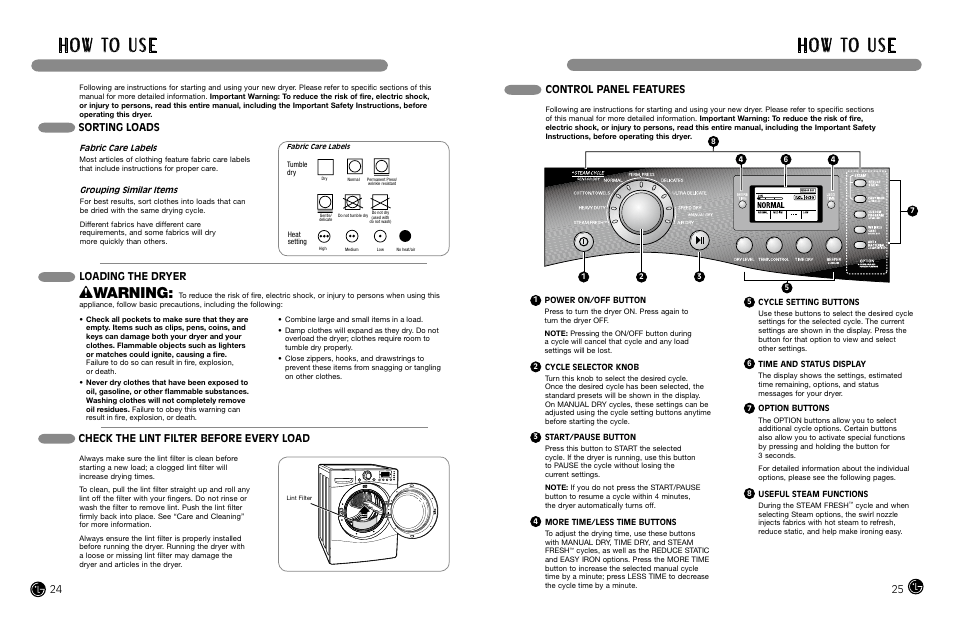 H o w to u s e, Wwarning, Sorting loads | Check the lint filter before every load, Loading the dryer, Control panel features | LG DLGX8388WM User Manual | Page 13 / 45