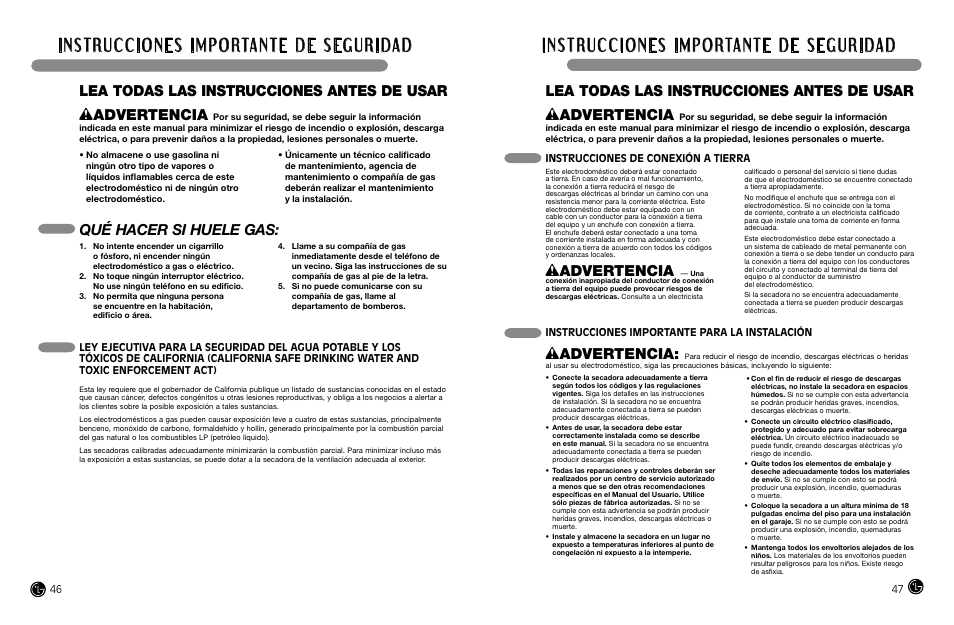 Qué hacer si huele gas, Wadvertencia, Instrucciones de conexión a tierra | Instrucciones importante para la instalación | LG DLGX8388WM User Manual | Page 24 / 45
