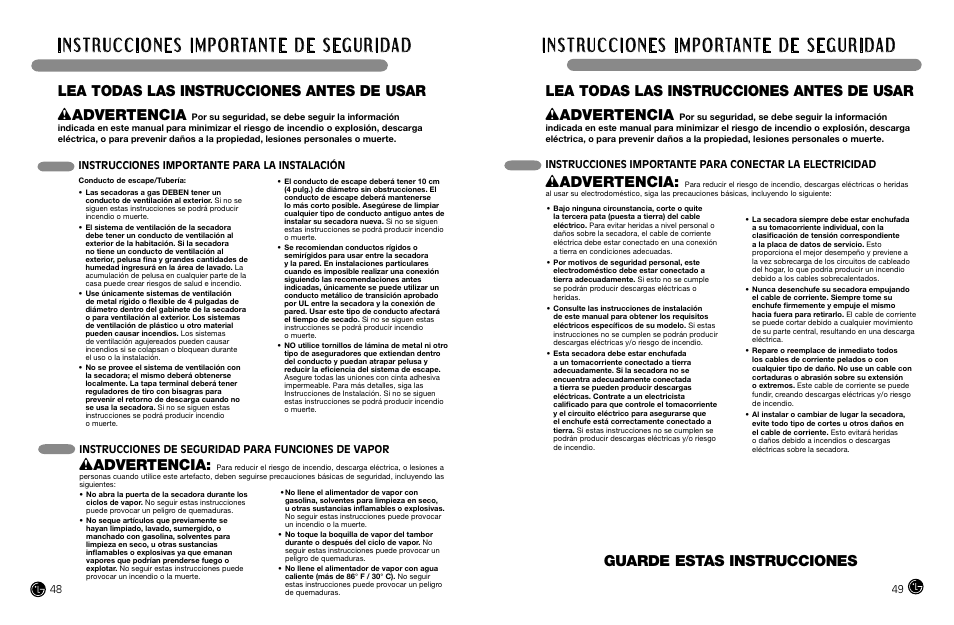 Guarde estas instrucciones, Wadvertencia, Instrucciones importante para la instalación | LG DLGX8388WM User Manual | Page 25 / 45