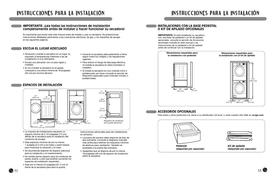 Escoja el lugar adecuado, Espacios de instalación, Accesorios opcionales | Kit de apilado, Pedestal | LG DLGX8388WM User Manual | Page 27 / 45