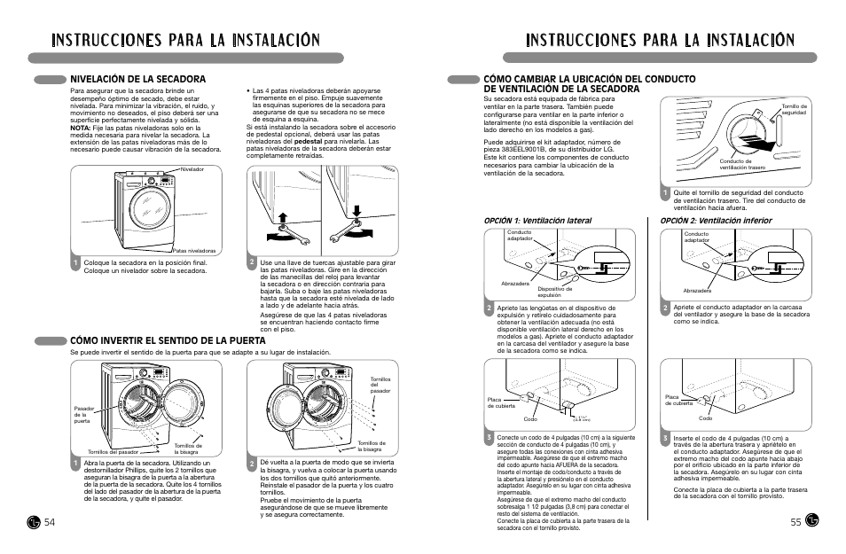 Nivelación de la secadora, Cómo invertir el sentido de la puerta | LG DLGX8388WM User Manual | Page 28 / 45