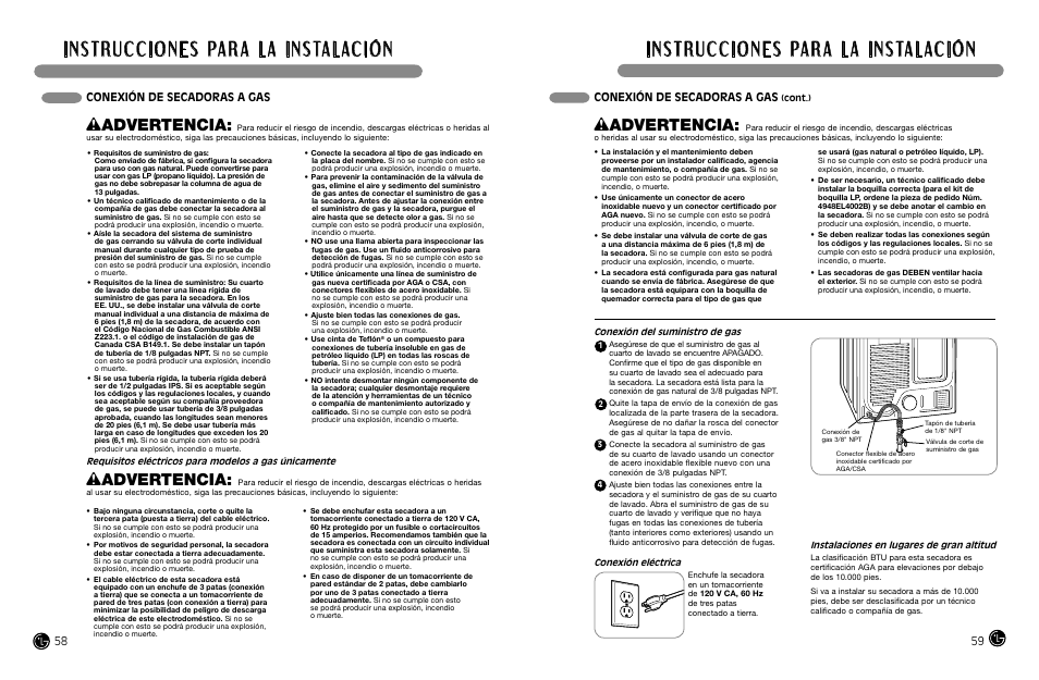 Wadvertencia, Conexión de secadoras a gas | LG DLGX8388WM User Manual | Page 30 / 45