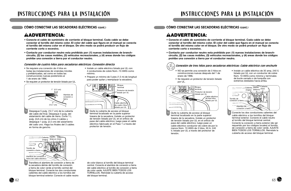 Wadvertencia, Cómo conectar las secadoras eléctricas | LG DLGX8388WM User Manual | Page 32 / 45