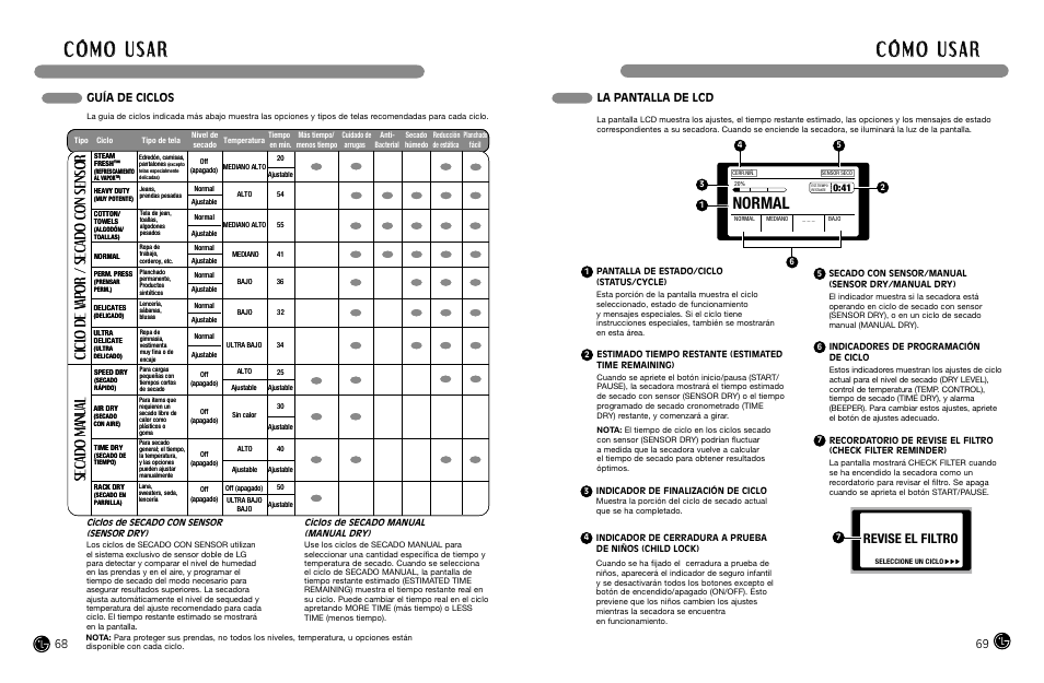 Normal, Revise el filtro, Guía de ciclos | La pantalla de lcd | LG DLGX8388WM User Manual | Page 35 / 45
