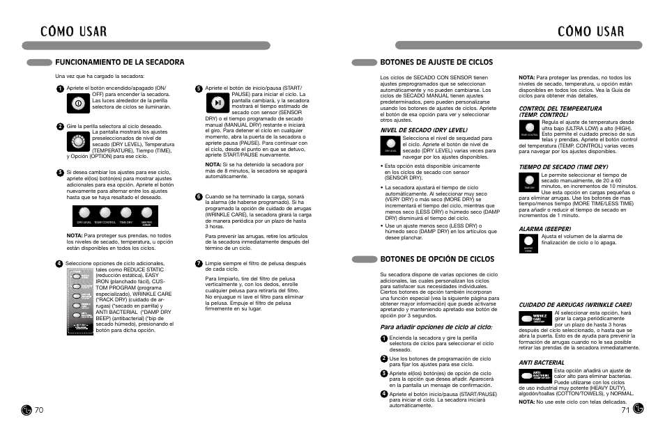 Funcionamiento de la secadora, Botones de ajuste de ciclos, Botones de opción de ciclos | LG DLGX8388WM User Manual | Page 36 / 45
