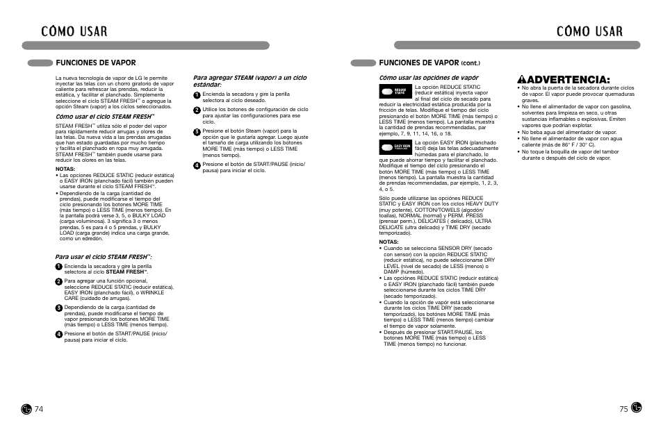 Wadvertencia, Funciones de vapor | LG DLGX8388WM User Manual | Page 38 / 45