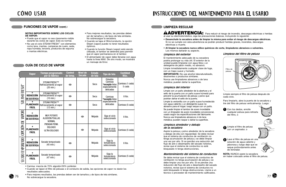 Wadvertencia, Steam fresh, Opción de v apor | Sec ado temporizado, Guía de ciclo de vapor, Funciones de vapor, Limpieza regular 76 77 | LG DLGX8388WM User Manual | Page 39 / 45