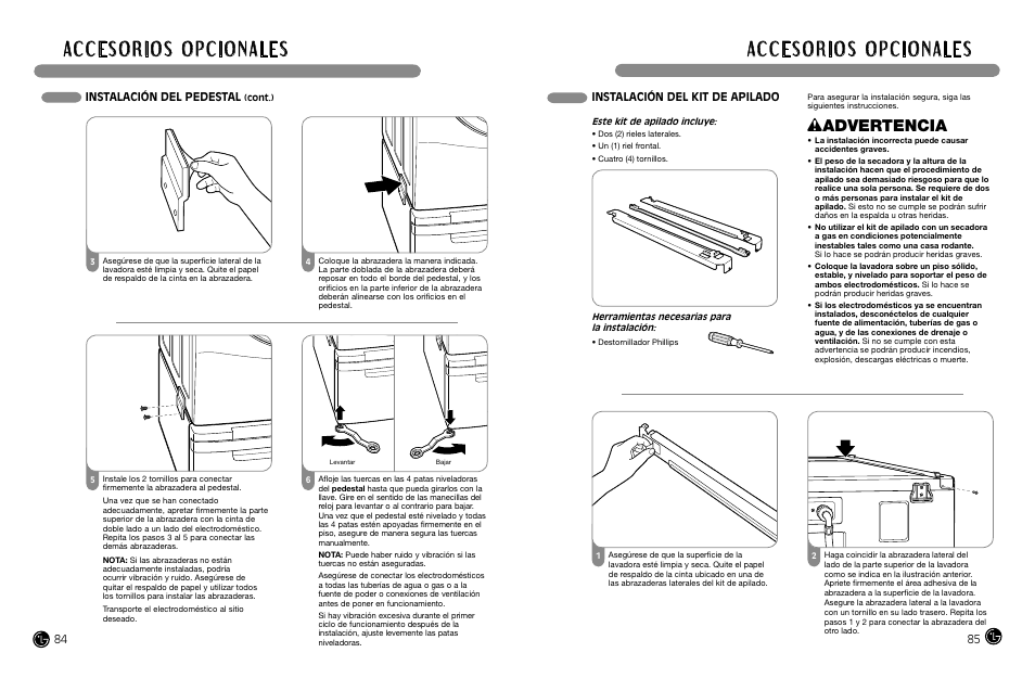 Wadvertencia, Instalación del kit de apilado, Instalación del pedestal | LG DLGX8388WM User Manual | Page 43 / 45