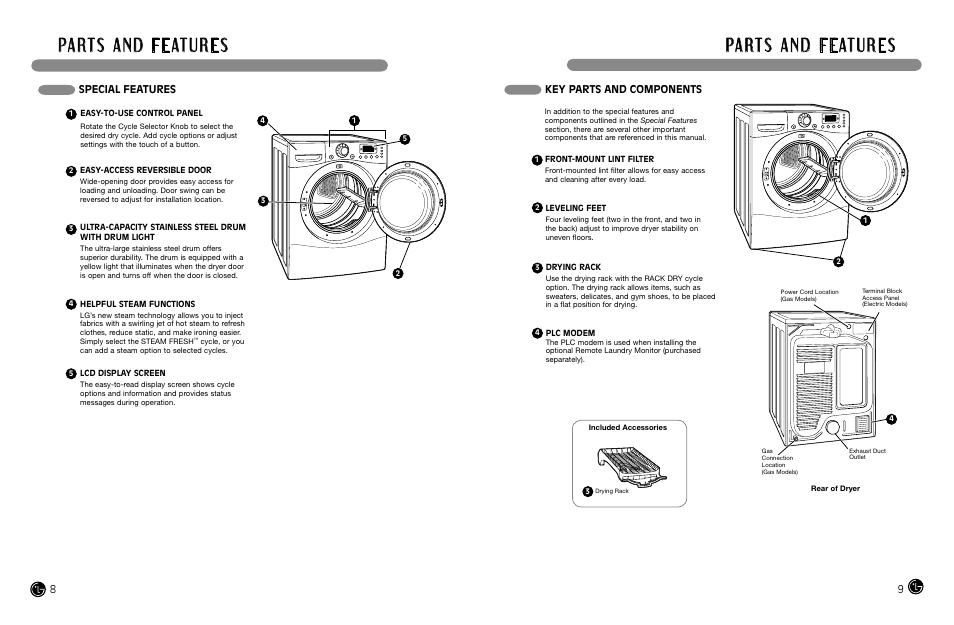 Key parts and components, Special features | LG DLGX8388WM User Manual | Page 5 / 45