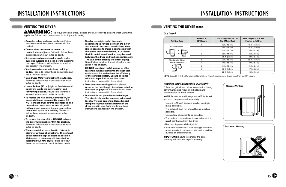 Wwarning, Venting the dryer | LG DLGX8388WM User Manual | Page 8 / 45