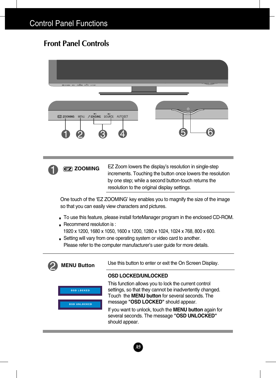 Control panel functions, Front panel controls | LG W2600H-PF User Manual | Page 10 / 28