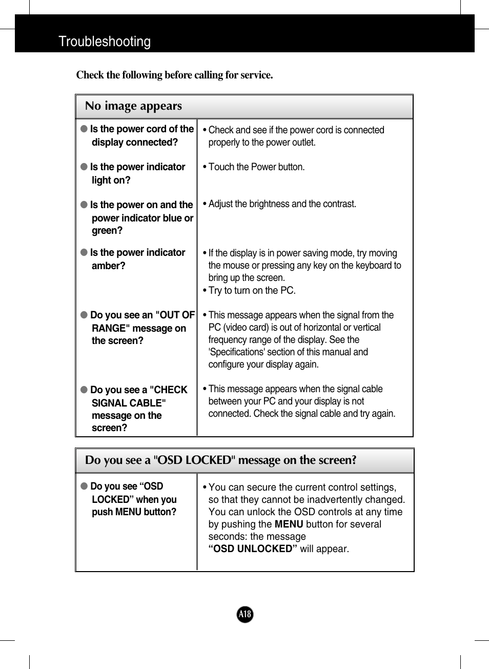 Troubleshooting, No image appears, Do you see a "osd locked" message on the screen | LG W2600H-PF User Manual | Page 19 / 28