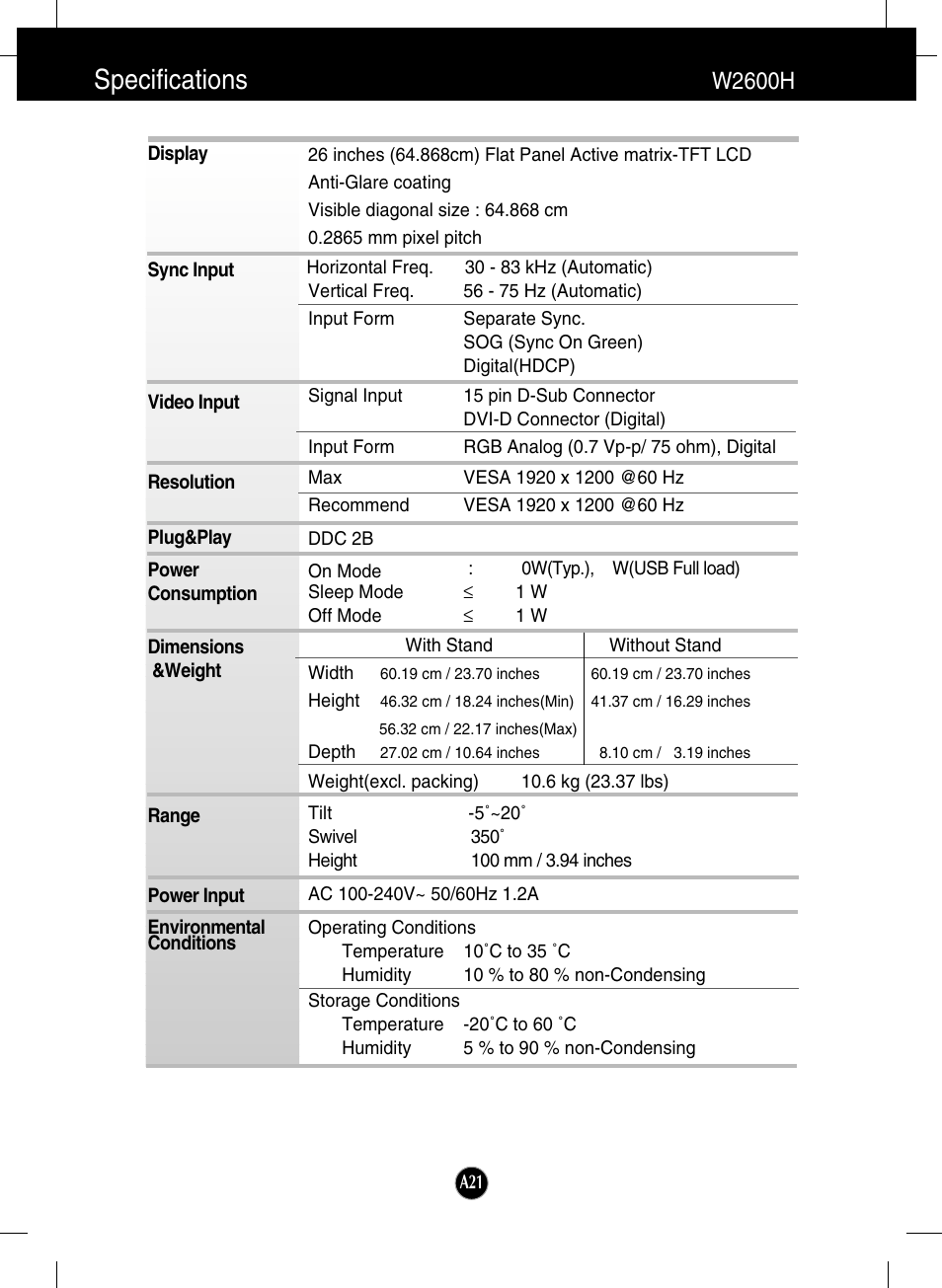 Specifications, W2600h | LG W2600H-PF User Manual | Page 22 / 28